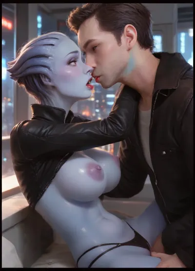 (Masterpice), (HD4K visual), (detailed background), 4K ultra-detailed image, HDR, enhancement, professional photography, clear face, detailed face, precise anatomy, (perfect symmetry), (5 fingers per hand), maximum resolution, sharp focus, NSFW, one female blue skinned Asari from mass effect, beautiful dark blue skin, blue eyes, Asari head hair, thin face, tall, thin frame, gigantic breasts, big gumdrop nipples, wide areola, black thong, thong strings pulled up, leather jacket, in missionary position, gigantic man out of frame, big cock, Asari is enthusiastically in missionary position getting fucked, doggystyle sex, pussy penetration, (sex), tounge kissing, background futuristic city, side view, Asari, ratatatat74, incase, style, <lora:asari-sdxl:1.4>, <lora:ratatatat74-000050:1.4>, <lora:Incase_Style__SDXL:1.4>, <lora:cbcity2:1.4>