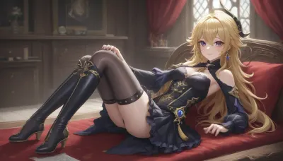 Adult, full-length girl, beautiful, fluffy dress, black steampunk style costume with yellow elements, gothic style dress, Navia from the game Genshin Impact, (long yellow hair), purple eyes, happy smile, 1 girl, looking at viewer, shiny skin, blush, bangs, woman, _jbright__, (genshin, impact), solo, navia, (genshin, impact/), jewelry, black thigh-high stockings, black studded thigh-high boots, <lora:Navia_XL_LoRA:2>