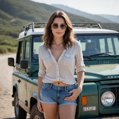 Adult intriguing Italian woman, light-medium tan complexion, mid-40s, (((standing by a Land Rover))), . She wears a short shirt open, (unbuttoned), . The pose is intriguing, giving a beachy/summery vibe. She wears clear, simple, light tinted sunglasses. Her hair is a long wavy dark and amazing gray eyes. Her chest is perfect. Furthermore, her expression is provocative and seductive smile, and her slim body language is relaxed and confident. The background is a small port of sailing boats t in the no focus background. Sunlight sunset casts a soft, warm glow over the scene. The lighting is natural, and the colors are vibrant, but not overly saturated. The perspective is from a mid-level camera angle, focusing on the subject. The composition is centered on the woman, with the background serving as a complement to her figure. The overall mood is relaxed, intriguing, and beautiful. Fashion photography REFLEX style. Highly detailed, hand signed by "Dinamike" in the lower right corner with a white marker.