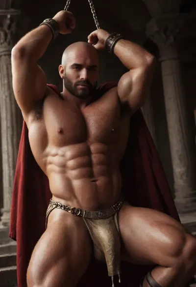 Gay men, Men only, Hyper-muscular very hairy hugely massive erect nipples, Roman general man, in red cape gold armbands gold Shining short chainmail ass cheeks show from underneath Shining gold chainmail MaleAssViewV2 holding raised arm of captured Man shaved-head bald gladiator slave, intense eye contact, oiled sweaty bodies, Slave only wearing Short brown dirty wrap loincloth ass on full show, dramatic palace interior lighting, erotic gay men domination pose.Dominant hairy bearded Roman general Man in flowing red cape gripping chain on wrists of submissive shaved-head muscular gladiator Slave just in cum soaked short loincloth, arms raised, hard bodies close, hard large cocks bulgeing, sweat glistening, ancient palace columns background, intense homoerotic tension.Intense gay erotic scene ancient palace, hairy muscular man in red cape holding both wrists above head of bald shaved-head submissive Slave, hard cock bulging in his loincloth dripping cum ass on full show, oiled skin dramatic lighting, passion and domination.ancient palace, Hyperealistc Photographic-style, Dynamic visuals, Cinematic lighting, deep shadows, @hrypctls1, hairy, chest, Slave has Cum soaked loincloth, only Roman general wearing red cape gold chainmail short wrap, zavy-rmn, <lora:bulgev1-beta:1.5>, <lora:dark:.4>, <lora:@hrypctls1.v1.concept.sdxl_epoch_3:1.5>, <lora:ancient_Roman_or_Greek_soldier:1.2>, <lora:zavy-rmn-sdxl:1.5>