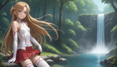 (Asuna Yuuki from Sword Art Online), grown-up girl, realistic face, smiling, red and white suit, (blonde hair), (slightly curly hair), long hair, light blue eyes, freckles on face, pretty face, very tanned skin, narrow hips, thin waist, side view, vagina visible from under skirt, front view, full-length view, flat chest, areolas, swollen, puffy, very cold nipples, (focus and realistic face:1.2), sex, Asuna, (SAO), forest edge, waterfall, river, forest, floating castle in background, skirt, red skirt, removable gloves, white thigh-high stockings, brown hair, brown eyes, breastplate, solo, pleated skirt, miniskirt, white belt, blonde, hair, brown, eyes, long, <lora:asuna:.1>, <lora:SDXL_Asuna:.1>
