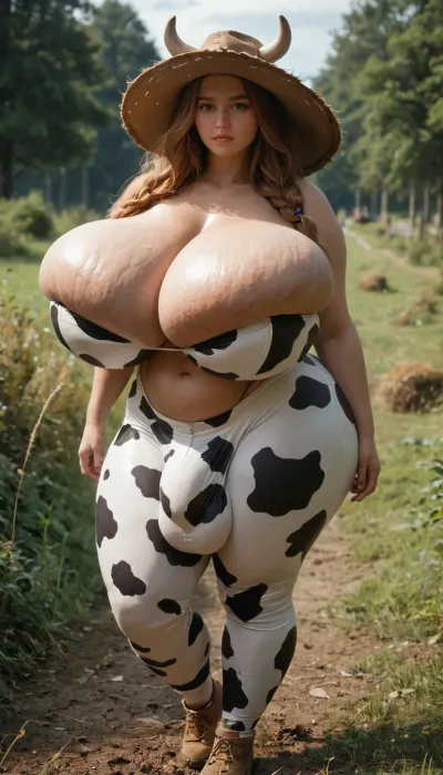 Young german adult futa woman, (massive thick natural breasts:1.8), very thick figure, wearing a cow costume and massive cleavage, long golden brown hair, thick busty, ((huge futa balls bulge)), extra wide hips, extra thick thighs