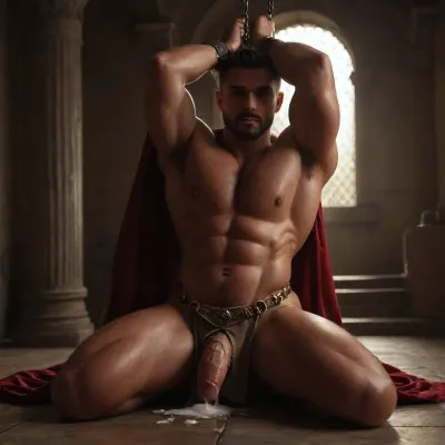 Gay men, Men only, Hyper-muscular very hairy hugely massive erect nipples, Roman general man, in red cape gold armbands gold Shining short chainmail ass cheeks show from underneath Shining gold chainmail MaleAssViewV2 holding raised arm of captured gladiator slave Man shaved-head bald gladiator slave, realistic facialexpressions realistic detailedeyes, oiled sweaty bodies, Slave only wearing Short brown dirty wrap loincloth ass on full show, dramatic palace interior lighting, erotic gay men domination pose.Dominant wrists of submissive shaved-head muscular gladiator Slave just in cum soaked short loincloth, arms raised above head chains tied around wrists, hard large cocks bulgeing, sweat glistening, ancient palace columns background, intense homoerotic tension.Intense gay erotic scene ancient palace, dramatic lighting, passion and domination.ancient palace, Hyperealistc Photographic-style, Dynamic visuals, Cinematic lighting, deep shadows, @hrypctls1, hairy, chest, Slave has Cum soaked loincloth, only Roman general wearing red cape gold chainmail short wrap, zavy-rmn, slave arms up tide in chains, Roman general kneeling in front of chained up gladiator slave, he is sucking slaves cock deep-throating cum dripping from mouth, kneeling ass wide, cock hanging under gold chainmail on floor pooling in cum on floor, penis, <lora:bulgev1-beta:1.7>, <lora:dark:.8>, <lora:@hrypctls1.v1.concept.sdxl_epoch_3:1.7>, <lora:ancient_Roman_or_Greek_soldier:.8>, <lora:zavy-rmn-sdxl:1>