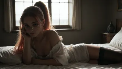 masterpiece, best quality, amazing quality, klskx, nsfw, explicit, 1girl, solo, pale pink hair, high ponytail, long ponytail, (heterochromia:1.1), (blue eyes:.9), round glasses, pink eyebrows, eyelashes, small breasts, looking at viewer, oversized clothes, white dress shirt, unbuttoned, cleavage, sheer fabric, slipping off shoulders, stockings, sitting on edge of bed, legs slightly spread, adjusting glasses, teasing expression, warm morning sunlight on skin, indoors, luxurious hotel room, king-size bed, fluffy white pillows, floor-to-ceiling windows, ocean view, golden morning light, soft silk sheets, (dark shadows:1), high contrast, volumetric lighting, intricate details, blurry background, depth of field, <lora:Beautiful_female_model_face_18-30:.8>, <lora:dark:.8>