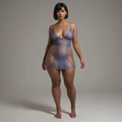 black skin, bbw, shoulder-length straight hair with straight-cut bangs, breasts size dd, perky nipples, wide hips-8, full body view, wearing cobalt blue maxi dress