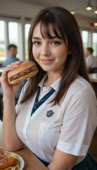 ((Hyper realistic)), ((perfect body proportion)), Busty girl, plump girl, Fastfood restaurant, tight full school uniform, (obvious school emblem on uniform), thin clothes, translucent clothes, welcoming smile, long bob hair, bangs, blushing, (realistic hotdog), photo, portrait, <lora:real-humans-PublicPrompts:.8>, <lora:RsmJemma1XL:.8>