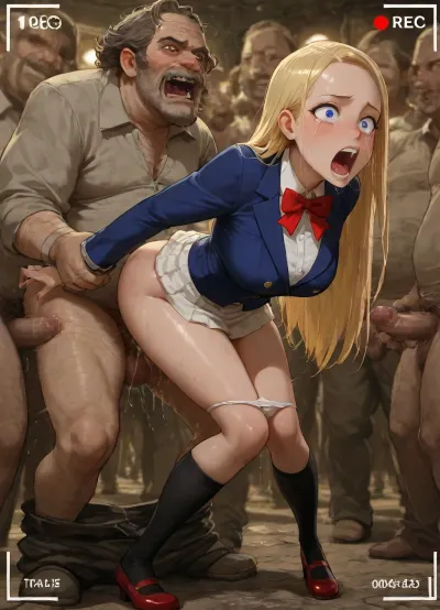 Nsfw, gangbang, enf, perfect face, masterpiece, big eyes, (wide-eyed:1.2), (looking away:1.3), (young French girl:1.3), (the girl is 15-Years-old French girl dressed in white panties and white skirt and Navy blue blazer and white shirt and red bow tie and Black socks and red shoes and Silver ring bracelet), blue eyes, (blonde hair:1.3), (forehead:1.3), (swept bangs:1.2), long hair, (natural straight hair:1.3), (crying:1.4), (orgasm:1.3), (screaming:1.5), open mouth, shouting, French face, furrowed brow, (medium breast), (doggy style sex:1.2), (penis in pussy:1.3), long shot, in dirty homeless man tent, (recording:1.2), (tall ugly homeless man:1.6), (homeless oldmen crowd:1.4), {{{ man grope buttocks of girl, 1.5}}}, the girl handjob man, ((man grope her buttocks from behind:1.5)), scared Up skirt, (the smiling man is dressed suit and have her pantie down:1.3), big smegma penis