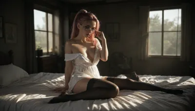 masterpiece, best quality, amazing quality, klskx, nsfw, explicit, 1girl, solo, pale pink hair, high ponytail, long ponytail, (heterochromia:1.1), (blue eyes:.9), round glasses, pink eyebrows, eyelashes, small breasts, looking at viewer, oversized clothes, white dress shirt, unbuttoned, cleavage, sheer fabric, slipping off shoulders, stockings, sitting on edge of bed, legs slightly spread, adjusting glasses, teasing expression, warm morning sunlight on skin, indoors, luxurious hotel room, king-size bed, fluffy white pillows, floor-to-ceiling windows, ocean view, golden morning light, soft silk sheets, (dark shadows:1), high contrast, volumetric lighting, intricate details, blurry background, depth of field, <lora:Beautiful_female_model_face_18-30:.8>, <lora:dark:.8>