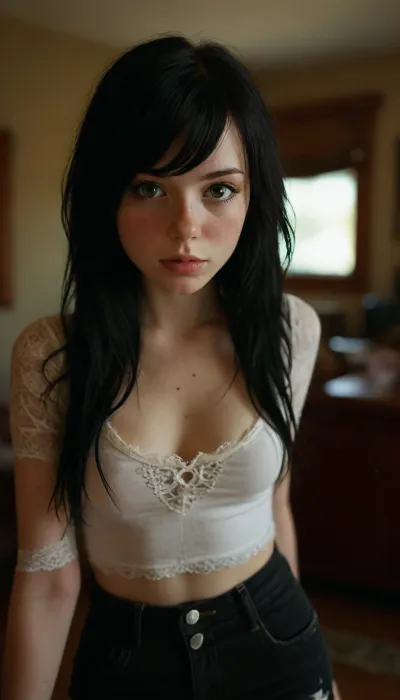 (long black hair:1), (deep-green eyes:1), (28H breast size:1), tight and firm, 18 years old girl, very slim girl, Best quality, realistic, slim waist, nice perky tits, large breasts, Looking at the camera, shy look, pale, very petite girl, very detailed, POV from slightly above looking slightly down.24 year old emo, (Dainty little emo girl), very busty, extremely sexual curves, tiny waist, tight waist, microwaist, large bust, wide hips, fertile hips, skinny and lean physique. Sensual Emo female body. Long black hair framing a cute freckled face, very long straight flat hair, freckled face, freckled cheeks, beautiful freckles. Her eyes are an envious green, ., Black clothing, Tshirt that has lace sleeves, early 2000's emo attire, wearing emo clothing from the early 2000's, ripped skinny jeans, low-rise skinny jeans, full length skinny jeans. Dynamic lighting, natural lighting, kissy face selfie, standing up, good posture. score_10_up, score_9_up, score_7_up., <lora:add-detail-xl:2>, <lora:MJ52:2>, <lora:WildcardX-XL-Detail-Enhancer:2>, <lora:Adjust_SDXL_v3.0:2>, <lora:eGirls_XL_v1:2>