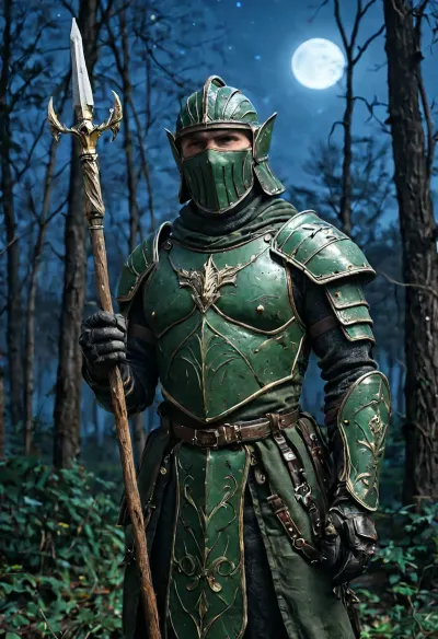 Uber realistic, 8k, ultra detailed, masterpiece, mature male elf warrior, army green elven armor, holding spear in right hand, forest, full_helmet, closed_helmet, visor, (face covered:1.5), (night:1.8)