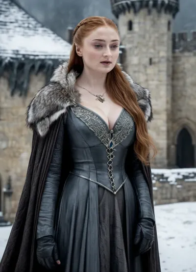 ((Beautiful Sansa Stark from game of thrones:1.4)), big sexy breasts, in a poor black cape with a hood thrown, (hugs and kisses the wolf:1.2), sexy cleavage, lace filigree of bright, (showing black stockings), rich color. Super clear, highly detailed watercolor, glaze technique, plus colored alcohol ink, style of V. Vasnetsov, long braided blonde hair, sexy black long gloves, In her hand is a large Valerian steel sword, A wolfskin is draped over her shoulders, ((a large wolf stands at near her)), she stands there confidently, looks seductive, next to her stands a big snow-white wolf from games of thrones, show whole body in the picture, castle, (Realism:1.8), (Beautiful huge tits:1.5), sns, woman, she, has, red, long, hair, braded, wearing, crw, outfit, black, armor, dark, tunic, queen, of, the, north, gown, battle, Young_woman, extremely waist, perfect skin, extremely high detailed, thick bimbo lips, pink lips, blonde, blue eyes, perfect face, nude, ((her personality and behavior is feminine, flirtatious, beguiling, and slutty:1.2)), wolf, (((she is posing in a sexually explicit way, she desperately wants the viewer to fuck her:1.2))), NSFW, Hardcore, XXX, (uncensored. Perfect huge curved ass), skirt lift, <lora:add-detail-xl:.9>, <lora:sansa stark SDXL - sns woman:1.3>