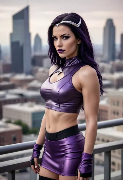 Female super villain, long black/dark purple hair, silver circlet with a purple gemstone, dark purple crop top, short tight dark purple pencil skirt, silver armor pieces, lavender lipstick, toned, athletic, intimidating, domineering, tanned skin, cityscape background