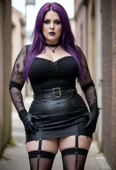 tall chubby plump bbw woman, 50 years old, large soft plump belly, goth, long straight purple hair, wearing a black cordet, black black mini skirt, ripped fishnet stocking, supender belt, knee high high heel boots