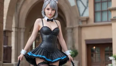 21 years old, UHD 8K, detailed background, street, fantasy world, purple eyes, cat ears, gray cat tail, five fingers, perfect fingers, gray hair, a masterpiece of the highest quality, the work of a true craftsman, jewelry, black lace thigh-high stockings, white shirt, black leather corset above the bust with a zipper, ruffles, light blue stripe at the bottom of the skirt, black skirt, Lynette, Lynette Genshin Impact, (Genshin, Impact), (lin, ni, te), 1 girl, slender figure, solo, small breasts, bow, ear, fluff, vagina visible under the skirt, cleavage, bangs, face, smile, star-shaped mark on the right cheek, (pleated leather skirt with a light blue stripe at the bottom), black, bow tie, <lora:linnite_x_00004l:1.7>