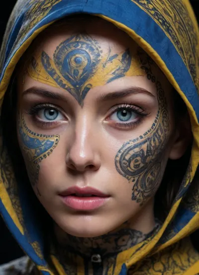 A close-up of a face adorned with intricate black and blue patterns. The left side of the face is predominantly yellow, with symbols and doodles, while the right side is dark, featuring mechanical elements. The eye on the left is a striking shade of yellow, contrasting sharply with the surrounding patterns. The face is partially covered by a hooded garment, cinematic. /©KlTTY-ART/