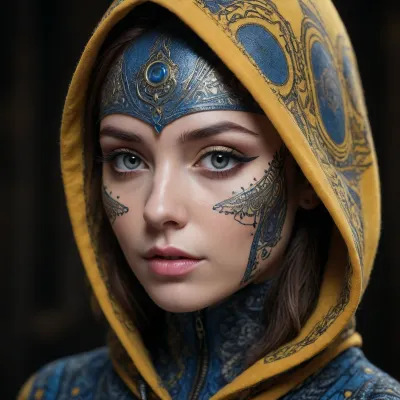 A close-up of a face adorned with intricate black and blue patterns. The left side of the face is predominantly yellow, with symbols and doodles, while the right side is dark, featuring mechanical elements. The eye on the left is a striking shade of yellow, contrasting sharply with the surrounding patterns. The face is partially covered by a hooded garment, cinematic_octane. /©KlTTY-ART/