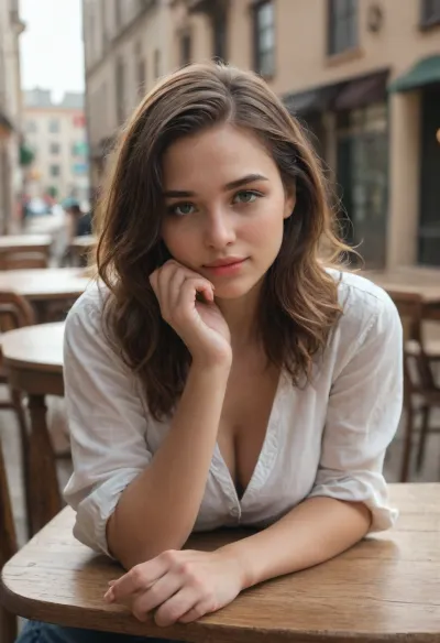 A young woman sitting at a quaint Parisian café with her boyfriend on a sunny afternoon. The warm sunlight bathes the scene, creating a charming and inviting atmosphere. While her boyfriend looks away, she turns her gaze directly towards the viewer, her eyes sparkling with warmth and playfulness. With a gentle, inviting gesture, she beckons the viewer to cheat with her, creating a sense of connection and intimacy. The café is bustling with life, and the background is softly blurred, highlighting her engaging expression and the inviting ambiance of Paris. The scene captures the charm and allure of a perfect afternoon in the city of love