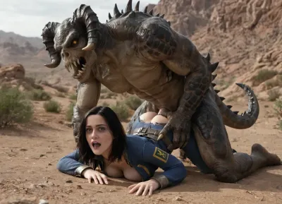 (masterpiece, ultra detailed, best quality, soft shadows, soft light), Fallout style, dirty Lucy MacLean, dressed in a Vault-suit 13, is getting aggressively fucked by a massive green Deathclaw in the desert, ((anal scissoring position)), grab head, ((she has black hair and dirty skin, natural tits)), ((she has trimmed public hair:1.3)), Interspecies, Deathclaw, Fallout, lizard penis, mutant male, monster sex, zoophilia, dirty torn Vault-suit, detailed faces, detailed eyes, detailed mouth, detailed pupils, detailed teeth, HD, ultra detailed, outdoors, grinning female, pain scream, wide open eyes, perfect eyes, cumflation