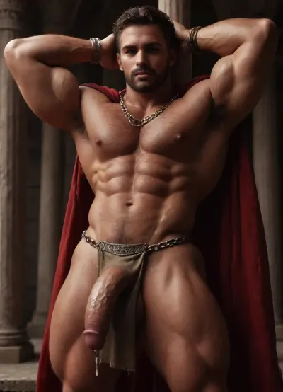 Gay men, Men only, Hyper-muscular very hairy hugely massive erect nipples, Roman general man, in red cape gold armbands gold Shining short chainmail ass cheeks show from underneath Shining gold chainmail MaleAssViewV2 holding raised arm of captured Man shaved-head bald gladiator slave, intense eye contact, oiled sweaty bodies, Slave only wearing Short brown dirty wrap loincloth ass on full show, dramatic palace interior lighting, erotic gay men domination pose.Dominant hairy bearded Roman general Man in flowing red cape gripping chain on wrists of submissive shaved-head muscular gladiator Slave just in cum soaked short loincloth, arms raised, hard bodies close, hard large cocks bulgeing, sweat glistening, ancient palace columns background, intense homoerotic tension.Intense gay erotic scene ancient palace, hairy muscular man in red cape holding both wrists above head of bald shaved-head submissive Slave, hard cock bulging in his loincloth dripping cum ass on full show, oiled skin dramatic lighting, passion and domination.ancient palace, Hyperealistc Photographic-style, Dynamic visuals, Cinematic lighting, deep shadows, @hrypctls1, hairy, chest, Slave has Cum soaked loincloth, only Roman general wearing red cape gold chainmail short wrap, zavy-rmn, <lora:bulgev1-beta:1.5>, <lora:dark:.4>, <lora:@hrypctls1.v1.concept.sdxl_epoch_3:1.5>, <lora:ancient_Roman_or_Greek_soldier:1.2>, <lora:zavy-rmn-sdxl:1.5>