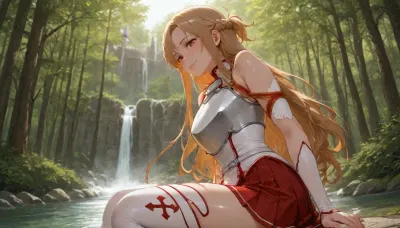 (Asuna Yuuki from Sword Art Online), 35 year old girl, realistic face, smiling, red and white suit, (blonde hair), (slightly curly hair), long hair, light blue eyes, freckles on face, pretty face, very tanned skin, narrow hips, thin waist, side view, vagina visible from under skirt, front view, full-length view, flat chest, areolas, swollen, puffy, very cold nipples, (focus and realistic face:1.2), sex, Asuna, (SAO), forest edge, waterfall, river, forest, floating castle in background, skirt, red skirt, removable gloves, white thigh-high stockings, brown hair, brown eyes, breastplate, solo, pleated skirt, miniskirt, white belt, blonde, hair, brown, eyes, long, <lora:asuna:2>, <lora:SDXL_Asuna:2>