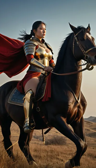 (masterpiece), (high quality), (picturesque details), (photorealistic), (ultra-detailed), chubby woman, (plump, thin waist), pale white skin, medium breasts, Chinese warrior knight on horseback, (sharp focus), (dynamic pose), (intense gaze), (narrative lighting), (dramatic lighting), 1.5, in black leather armor, (black armor with gold details), graceful, black hair tied in a high ponytail, hair blowing in the wind, holding two swords with gold hilts, (one blade with red inlay), (gold details on the swords), (dark blue clothing under the armor), black cape, (powerful and determined), on a huge horse, part of the horse's muzzle visible in the foreground, (third-person view), (post-apocalyptic world), (a herd of horses grazing in the background), at sunset, (shades of orange and red), (sharp shadows), (deep contrast), (atmospheric), (cinematic), (epic), (fantastic art), masterpiece, 8k, detailed textures, textured leather, realistic eyes, delicate facial features.