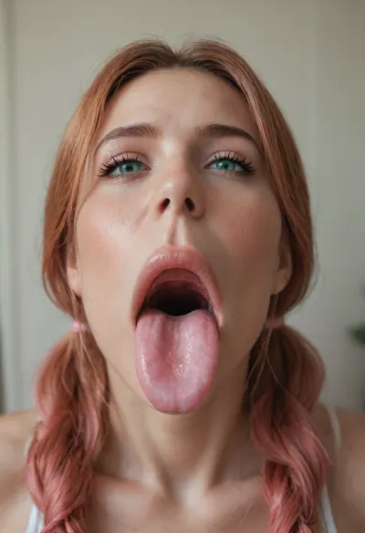 best quality, no penis, 1girl Breathtaking beautiful milf alone ginger-red pigtails, (huge dark green eyes looking at viewer), (long wide smooth thin pink tongue:1.4), (extremely huge hyper wide pink mouth:1.5), (very well lit throat all the way down), ((extremely detailed closeup pink mouth, throat, uvula:1.5)), ((salivating)), ((cute little upturned nose:1.2)), 18 year old Russian girl, (adorable:1.2), (((detailed view down her burping belching throat:1.5))), light the inside of her mouth, fat gigantic swollen pillow hot-pink lips, flash, photo, (perfect view deep down into her throat:1.5), (commically super hyper double super-long neck:1.4), (extremely dislocated unhinged jaw gaping throat:1.7), gynomorph pink snake