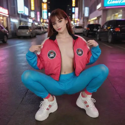 night photography, masterpiece, best quality, 8k, hyperrealistic, (vibrant colors:1.2), Cinestill 800T film aesthetic, neon noir atmosphere, Subject, 1girl, solo, young woman, 90s Tokyo street fashion, (cool & cute vibe), extremely pale skin, natural skin texture with visible pores, freckles, natural dark hair with light bangs, Face, intense blue-grey eyes, light natural makeup, glossy lips, silver eyebrow piercing, small hoop earrings, gentle confident smile, Tattoos, clean skin, no visible tattoos, Outfit, oversized vintage racing jacket, (red, white and black nylon with patches), fitted white baby-tee underneath, baggy wide-leg cargo pants, chunky platform sneakers, Pose, sitting casually on the hood of a highly modified dark JDM Toyota Supra A80, looking directly into the camera lens, relaxed posture, Background, colorful urban street in Tokyo at night, bright neon signs, (pink, blue, cyan), reflecting on wet asphalt and car body, city lights bokeh, lively atmosphere, Tech, shot on 35mm film, Cinestill 800T, high contrast, rich colors, sharp focus on girl, f/1.4, halations around lights.