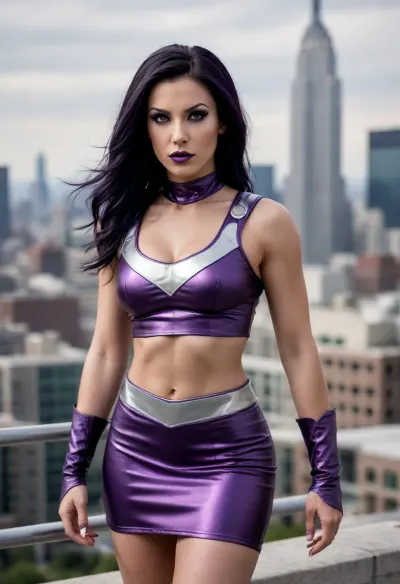 Female super villain, long black/dark purple hair, silver circlet with a purple gemstone, dark purple crop top, short tight dark purple pencil skirt, silver armor pieces, lavender lipstick, toned, athletic, intimidating, domineering, tanned skin, cityscape background