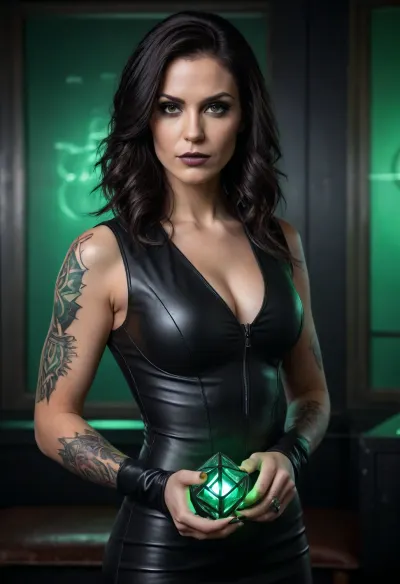 Female super villain, dark wavy hair, tight sleeveless black dress with a plunging neckline accentuating her figure, holding a glowing futuristic cube emitting a faint green light, black leather cuffs with multiple buckles, tattoos on her arm, muscular woman, goth style