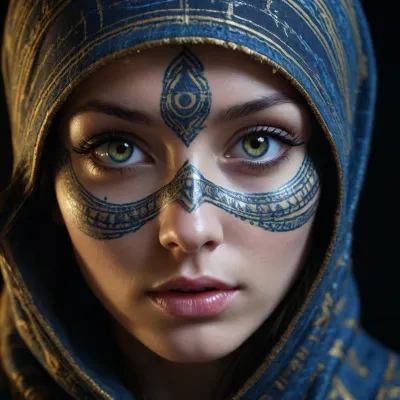 A close-up of a face adorned with intricate black and blue patterns. The left side of the face is predominantly yellow, with symbols and hieroglyphs, while the right side is dark and featuring hologram elements. The eye on the left is a striking shade, contrasting sharply with the surrounding patterns. The face is partially covered by a hooded garment, cinematic. /©KlTTY-ART/