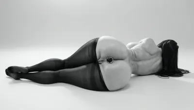 (milf:1.15), (black&white:1.9), white background, white room, naked busty white woman, topless, gorgeous, (extremely long smooth black hair:1.5), (wide_hips:1.5), (Massive ass:1.1), (massive breasts:1), thin waist, wearing shimmering black pantyhose with torn open crotch, lying on the floor, rubbing her clitoris, masturbating, huge butt plug in her ass, black buttplug, round buttplug