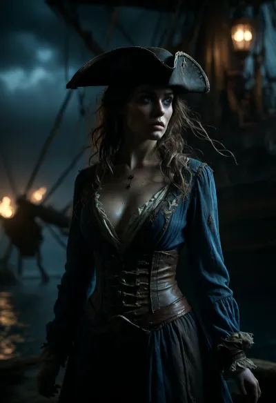 A highly detailed, photorealistic depiction of a 14th-century pirate ghost captain, ethereally glowing with a mystical blue aura. She is half-translucent, gracefully blending the ghostly and the human, yet retaining her commanding presence and timeless allure. Her attire is tattered and ancient, reflecting the wear of centuries, with pirate elements like a sabre and a pirate hat. Surrounding her is her ghostly crew, also glowing with the same blue light, working to keep the ship afloat. In the background, the ghost ship itself is revealed, weathered and broken, with torn sails and a battered hull, navigating through a turbulent sea under a stormy sky. The entire scene captures the haunting beauty and eerie atmosphere of a ghost pirate ship, with the focus on the captain’s spectral elegance and the ship’s decrepit grandeur, random view angle, huge explosion in background shines brightly the body of the sexy pirate, wet, wet clothes, wet skin, wet hair, PiRe, Explosion, Artstyle, <lora:MJ52:.5>, <lora:dark:.1>, <lora:Explosion Artstyle - Trigger is Explosion Artstyle:1.1>