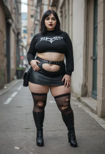 tall chubby plump bbw woman, 50 years old, large soft plump belly, goth, long straight black hair, wearing a black cordet, black black mini skirt, ripped fishnet stocking, supender belt, knee high high heel boots
