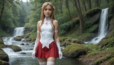 (Asuna Yuuki from Sword Art Online), 35 year old girl, realistic face, smiling, red and white suit, (blonde hair), (slightly curly hair), long hair, light blue eyes, freckles on face, pretty face, very tanned skin, narrow hips, thin waist, side view, vagina visible from under skirt, front view, full-length view, flat chest, areolas, swollen, puffy, very cold nipples, (focus and realistic face:1.2), sex, Asuna, (SAO), forest edge, waterfall, river, forest, floating castle in background, skirt, red skirt, removable gloves, white thigh-high stockings, brown hair, brown eyes, breastplate, solo, pleated skirt, miniskirt, white belt, blonde, hair, brown, eyes, long, <lora:asuna:.1>, <lora:SDXL_Asuna:.1>