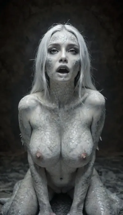 Naked woman with a lizard tail standing on all fours, completely covered in silvery scales, large breasts, her breasts are tight and hanging to the floor, the woman is naked on all fours. She has a lizard tail, the tail is as long as her body. The tail is raised up. It is covered with scales, the skin is covered with scales, the woman has scaly skin the scales are ashy silver, Artdrgn, <lora:SnakeSkinStyle:2>, <lora:SG2:2>, <lora:r3psp1k3s:2>, <lora:artfullyDRAGON-000008:2>, (han, yu, long, huang\), DragonCosplay, <lora:DragonCosplay_SDXL:.8>