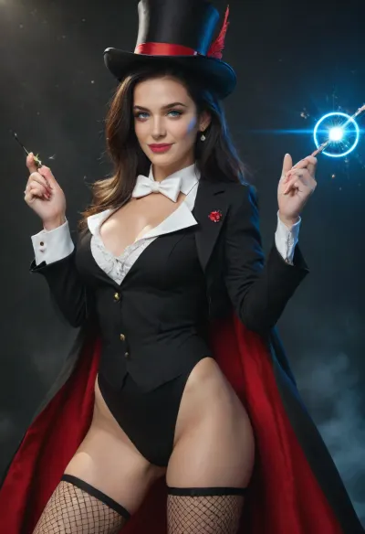 Female superhero, confident, long flowing black hair, piercing blue eyes, modified classic black/white magician's outfit, black tuxedo jacket with white cuffs, white shirt with a white bow tie, fishnet stockings, black leotard, holding a magic wand, swirling glowing blue magical energy, tipping a tall black top hat with a red band, mischievous smile, swirling magical energy, cosmic elements, vibrant blue and gold light trails surrounding her, hourglass figure, sexy vibes, dynamic/enchanting atmosphere, charismatic and powerful presence