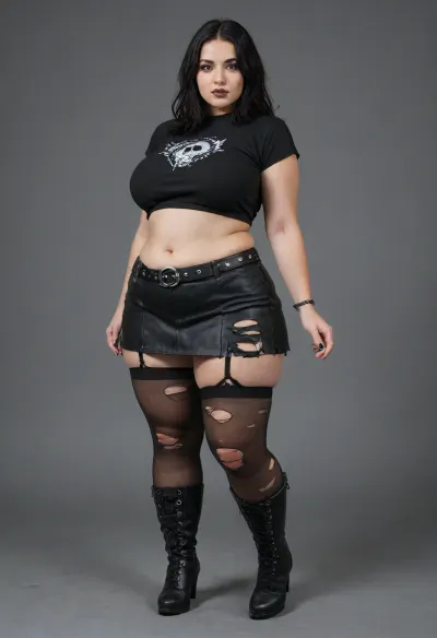 tall chubby plump bbw woman, 50 years old, soft plump belly, goth, long straight black hair, wearing a black cordet, black black mini skirt, ripped fishnet stocking, supender belt, knee high high heel boots