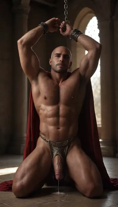 Gay men, Men only, Hyper-muscular very hairy hugely massive erect nipples, Roman general man, in red cape gold armbands gold Shining short chainmail ass cheeks show from underneath Shining gold chainmail MaleAssViewV2 holding raised arm of captured gladiator slave Man shaved-head bald gladiator slave, realistic facialexpressions realistic detailedeyes, oiled sweaty bodies, Slave only wearing Short brown dirty wrap loincloth ass on full show, dramatic palace interior lighting, erotic gay men domination pose.Dominant wrists of submissive shaved-head muscular gladiator Slave just in cum soaked short loincloth, arms raised above head chains tied around wrists, hard large cocks bulgeing, sweat glistening, ancient palace columns background, intense homoerotic tension.Intense gay erotic scene ancient palace, dramatic lighting, passion and domination.ancient palace, Hyperealistc Photographic-style, Dynamic visuals, Cinematic lighting, deep shadows, @hrypctls1, hairy, chest, Slave has Cum soaked loincloth, only Roman general wearing red cape gold chainmail short wrap, slave arms up tide in chains, ((Roman general kneeling in front of chained up gladiator slave, he is sucking slaves cock deep-throating cum dripping from mouth)), general kneeling cock deep in his mouth Chocking, His ass wide, cock hanging under gold chainmail on floor pooling in cum on floor, penis, red caped male General on his knees deep-throating gladiator male slave chained up, <lora:bulgev1-beta:1.7>, <lora:dark:.8>, <lora:@hrypctls1.v1.concept.sdxl_epoch_3:2>, <lora:ancient_Roman_or_Greek_soldier:.8>