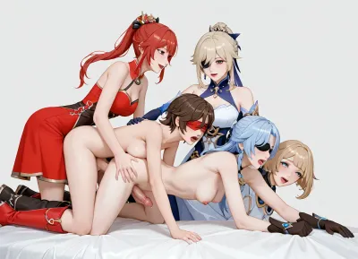 futanari, futa sex, futa on futa, orgy, pegging, futa on female, femdom, (Genshin impact), naked, athletic, screaming, covered with cum, massive cock and balls, anal sex, doggystyle, simple background, jinliu, default, clothes, silver, hair, blue, and, white, chinese, dress, 1girl, red, eyes, long, boots, black, gloves, bangs, bare, shoulders, ponytail, footwear, Blindfold, with, crescent, marking, eyepatch, covered, <lora:jingliu-a3-Tanger-000014:1.3>, <lora:cartoon_stickers_xl_v1:.9>