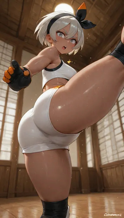 solo, japanese dojo, high windows, shiny wooden floor, wooden walls, (bea:1.1), training clothes, pokemon, knee pads, sweat drops, dynamic pose, open mouth, (serious face:1.1), mature, dynamic view, slim waist, strong athletic body, white crop-top, white shorts, muscles, thin black fighting gloves, view from below, grey eyes, high kick, ass, view from behind