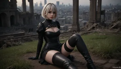 ((2B, YoRHa, NieR, nier automata)), 4K resolution, full-length, sitting, (1 girl), beautiful, cute, pale skin, detailed image, realistic face, smile, slender figure, anime style, subdued lighting, soft light, looking at viewer, ruined city, ruins overgrown with grass, black dress in Gothic style, black thigh-high stockings, long leather thigh-high boots, pussy visible from under the skirt, detailed pussy, anatomical pussy, perfect pussy, <lora:2b_nier_automata:2>