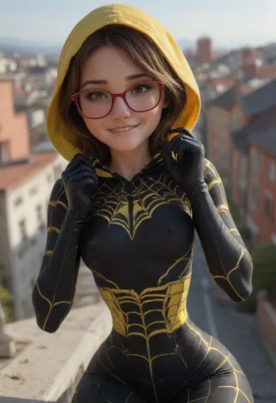 Honey Lemon from Big Hero 6, 18 years old, beautiful face, ((spider-girl outfit)), outfit has hood and gloves, (very narrow waist:1.4), glasses, athletic body, skinny body, petite, erect nipples, (dynamic sexy pose:1.4), arched back, (horny eyes), (biting lip:1.5), bright sunshine, roof of modern high building, crouching