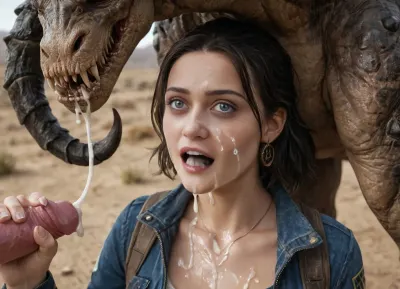 Lucy MacLean, dressed in a torn Vault 13 jumpsuit, gets cum on her face from a huge green Death Claw in the desert, she has black hair, (excessive cum on face:1.3), handjob, Interspecies, Deathclaw, Fallout, lizard penis, mutant male, monster sex, zoophilia, detailed faces detailed eyes, detailed mouth, detailed pupils, detailed teeth, HD, ultra detailed, outdoors, grinning female, perfect eyes, cumflation