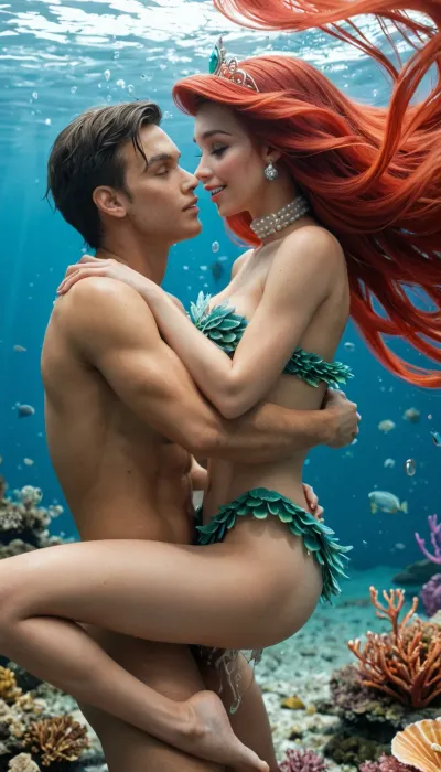 intimate underwater embrace turning to fervent penetration, lithe mermaid-tailed beauty arching in rapture on coral ledge, (classic Ariel princess:1.3), seashell bra slipping aside to reveal perky breasts bouncing with each thrust, tail fin curling in bliss around his scaled form, fiery red hair floating like flames in the current, (vibrant tresses:1.2), face alight with orgasmic glow, lips parted in moans, cum bubbling from her mouth, strands of semen drifting across her cheeks, pearly essence leaking from her slick folds, he is the dashing merman lover with strong fins and rippling muscles driving rhythmically, playful sea creatures watching curiously from anemone clusters, bioluminescent glow illuminating the scene, sunken treasure chest nearby with glowing pearls, turquoise lagoon depths, fronds of kelp swaying gently, golden trident propped against rock, delicate pearl necklace tangled loosely, seaweed vines draped over limbs, scattered seashells on sandy floor, lora, (Underwater_Mermaid_Lagoon:.8), (Coral_Reef_SDXL:.8), ultra-detailed textures, vivid explicit joining, fluids suspended in water, surges of euphoric release, 🌟 Princess Ariel's Physical Appearance

Princess Ariel, from Disney's The Little Mermaid, captures youthful curiosity and rebellious spirit beneath the waves. Her look is vibrant and enchanting, evoking the mysteries of the ocean.

Hair, Ariel sports long, flowing locks of bright red hair that cascade in loose, windswept waves, often adorned with a simple seashell clip, shimmering like coral in sunlight.

Eyes, Her wide, expressive eyes are a brilliant sea-green, sparkling with wonder and mischief, framed by naturally long lashes.

Skin Tone, She has fair, porcelain skin with a subtle iridescent sheen, as if kissed by ocean spray, flawless and glowing under water.

Facial Features, Ariel features a pert nose, rosy cheeks that flush easily, and a generous smile revealing straight white teeth. Her face is heart-shaped, full of innocent allure and determination.

Build, Slender and agile with a youthful, athletic frame—gentle curves, toned from swimming, and a graceful poise that suggests endless energy and freedom.

Signature Outfit, (She typically wears a seashell bikini top:1), Paired with her iconic mermaid tail in scales of green and purple, barefoot in fin form, accessorized with a pearl choker or dangling earrings.

Overall Presence, Ariel embodies adventure, passion, and transformation. Her aesthetic is lively and seductive, positioning her as Disney's icon of dreams and deep-sea romance.