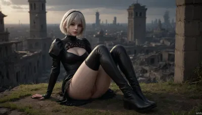 ((2B, YoRHa, NieR, nier automata)), 4K resolution, full-length, sitting, (1 girl), pale skin, detailed image, realistic face, smile, slender figure, anime style, subdued lighting, soft light, looking at viewer, ruined city, ruins overgrown with grass, black dress in a Gothic style, black thigh-high stockings, long leather thigh-high boots, <lora:2b_nier_automata:2>