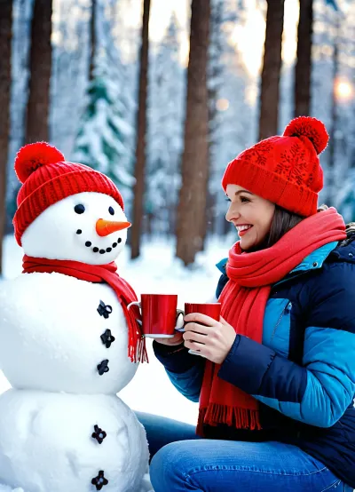 ((A couple in love is sitting in the snow)), a guy and a girl, ((wearing warm winter hats with pom-poms)), ((red scarves)), winter jackets on both, blue jeans, close-up, ((holding cups with hot drinks)), glowing candles in cups, ((smiling at each other)), happy faces, laughing faces, (tender gaze at each other), ((snowflakes flying)), (bokeh), glowing snowflakes in a winter pine forest in the background, ((blurred background)), small snowman in the foreground, (bonfire in the foreground), winter evening, (perfect lighting), (soft light), beautiful face, very detailed, photorealistic, 8K, high quality.