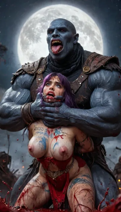 (Vampirella:1.12), Vampirella wearing classic suit, female drow elf barbarian, (dark night blue skin:1.98), tall, angry, busty, curvy, thin waist, big boobs, big butt, slim, fit, vitiligo, strong, fur pelt armor, dungeons and dragons, purplish blue skin, black and purple hair, Dark, Elf, Warrior, Drow, tattooed, scarred, purple eyes, blue skin, amazon, giant, fur barbarian armor, bloody, blood spatter, bear, bear heart, (in a bloody filed after a battle, white full moon in the sky:1.4), (man is choking her from behind:1.4), ((hogtied, bound with large chains, tied to a torture table:1.3)), cock in mouth, (brutal face fuck), Blowjob, (tears in eyes:1.5), (running makeup), (cum drips from nose:1.3), (cum drips from mouth:1.3), ultra hd, photorealistic, hyper gigantic large black cock in mouth, (((hyper gigantic large black cock in mouth:1.3))), oral cream pie, hair grab, sad, sad crying, tongue out, gasping for air, zavy-brbrn, gangbang, double anal penetration, anal spitroast, groupsex, deepthroat, (4 gigantic African black brute thug, huge trunklike arms, huge head, hyper muscular body, dressed in slave clothes:1.32), ((hogtied, bound for sex, tied up)), (eyes wide open in horror:1.72), (wide mouth spreader:1.8), (pleading expression:1.56), (terrified:1.48), (crying:1.48), (fear and panic:1.56), (pulled nipples:1.2), nipple clamps, (((spitroast))), (((hyper large cock in mouth:1.3))), shocked, deep anal penetration, Uber realistic, 8k, ultra detailed, masterpiece, arched back, detailxl, 35mm photograph, film, professional, 4k, 1girl, 5 boys, hdr, photographic, ultra realistic, ultra high details, back light, gargantuan black cocks, anal sex expansion, large hyper muscular fat old men, (double anal sex), swollen white veiny cocks, (double anal penetration), hardcore double penetration, proper physics, big white cocks, muscular white double anal gangbang, (forceful penetrations), extremely graphic, shocked expression, beautiful hands, massive cum in ass, defeating a woman in combat, fighting, killing, blood, winning fight, magazine cover, Realism_Quality_2xx_By_Stable_Yogi, score_9, score_8_up, score_7_up, (((very pretty face:1.3))), (((extremely ultra detailed face:1.3))), perfect fingers and hands, upper body view, (extreme size difference:1.6), (ultra realistic), (maximum quality), (high resolution), (extreme detail), (ultra realism), UHD, super high quality, highly detailed, high resolution, perfect lighting, natural lighting, (dynamic pose), (dynamic angle), (random angle), (random pose), (dynamic view), (random view), best quality, volumetric lighting, golden hour lighting, dramatic shadows, rich details, nature-inspired color palette, (below view:1.45), (side view:1.12), <lora:Dark_Elf_Warrior:2>, <lora:Drow:2>, <lora:zavy-brbrn-sdxl:2>, <lora:LCMTurboMix_Euler_A_fix:2>