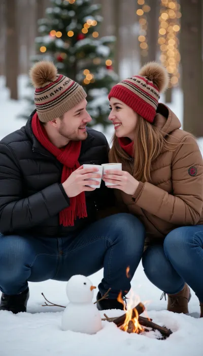 After New Year's Eve, evening of January 1, fairytale atmosphere of winter forest, ((Loving couple squatting in snow)), in winter forest, guy and girl, ((warm winter hats with pompoms)), winter jackets on both of them, blue jeans, ((holding cups with hot drink)), ((smiling at each other)), happy faces, laughing faces, (tender look at each other), ((snowflakes flying)), (bokeh), holiday lights in the background, Christmas tree, ((blurred background)), small snowman in the foreground, (bonfire in the foreground), winter evening, (perfect lighting), (soft light), beautiful face, detailed, photorealistic, high quality.