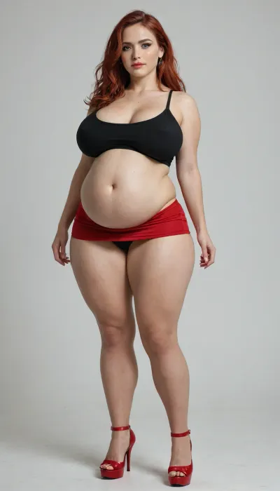 very tall bbw pawg, huge hips, huge thighs, very thin waist, pregnant, ((extra saggy east west type breasts)), very long red straight coloured hair, legs wide apart, very huge huge soft flabby belly hanging down between her legs, doing star jumps, wearing high heels, wearing tight red mini dress