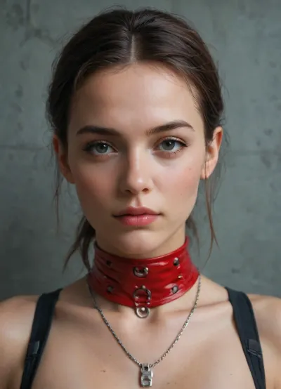 score_9, score_8_up, score_7_up, score_6_up, score_5_up, score_4_up, source_photo, A highly stylized, cyberpunk-inspired anime portrait of a female cyborg with a mix of mechanical and organic features. Her short, wavy black hair frames her face, giving a sharp contrast against her exposed cybernetic neck and shoulder. Her skin is soft with a light blush, creating a juxtaposition with the metallic elements. The right side of her body is covered in a sleek, glossy red armored plate that covers part of her chest and shoulder, with mechanical detailing including wires, gears, and tubes intricately connected, revealing complex machinery beneath. Her left shoulder shows polished metal plating in a silvery tone, with visible bolts and connectors that highlight the engineering craftsmanship. Fine details include small bolts, cables, and exposed tubing interwoven in a dense network, showcasing her futuristic, cybernetic anatomy. Her expression is intense yet serene, with deep brown eyes reflecting intelligence and awareness, adding a human element to her otherwise mechanical form.